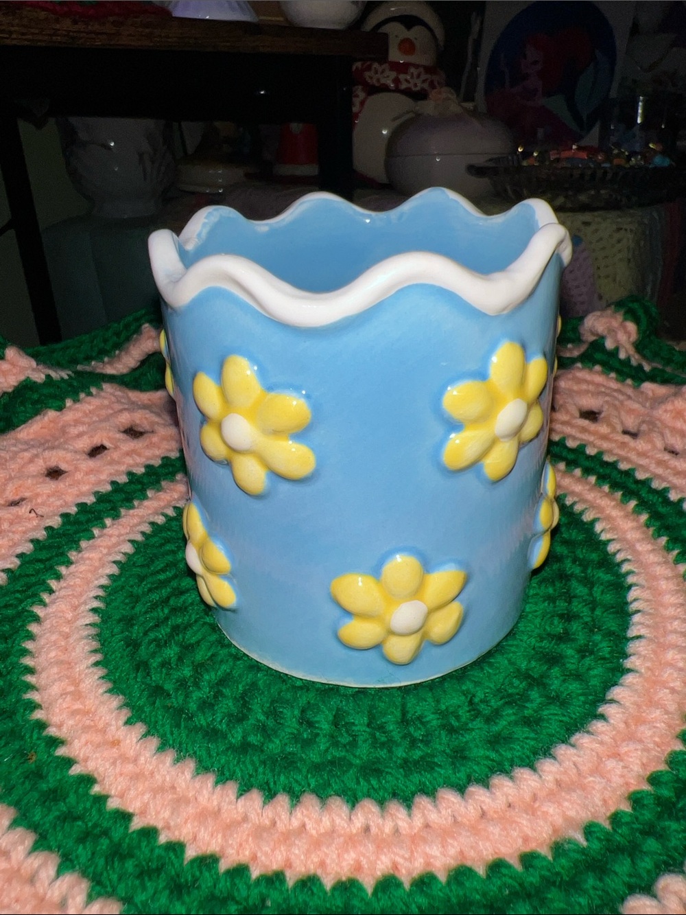 Mini Blue Ceramic Daisy Planter - Yellow Floral Accent